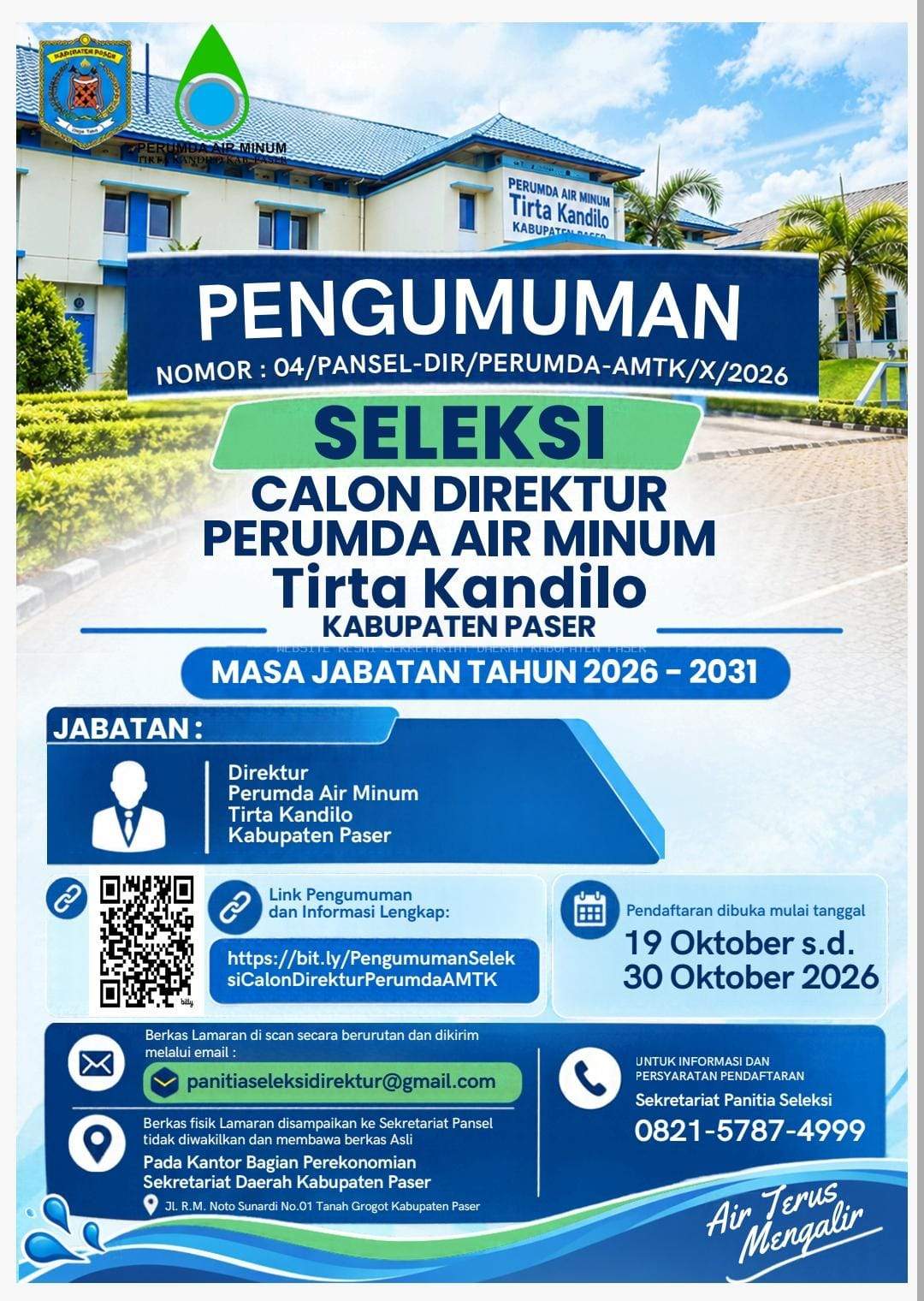 Pengumuman Seleksi Calon Direktur PERUMDAM Tirta Kandilo Kabupaten Paser